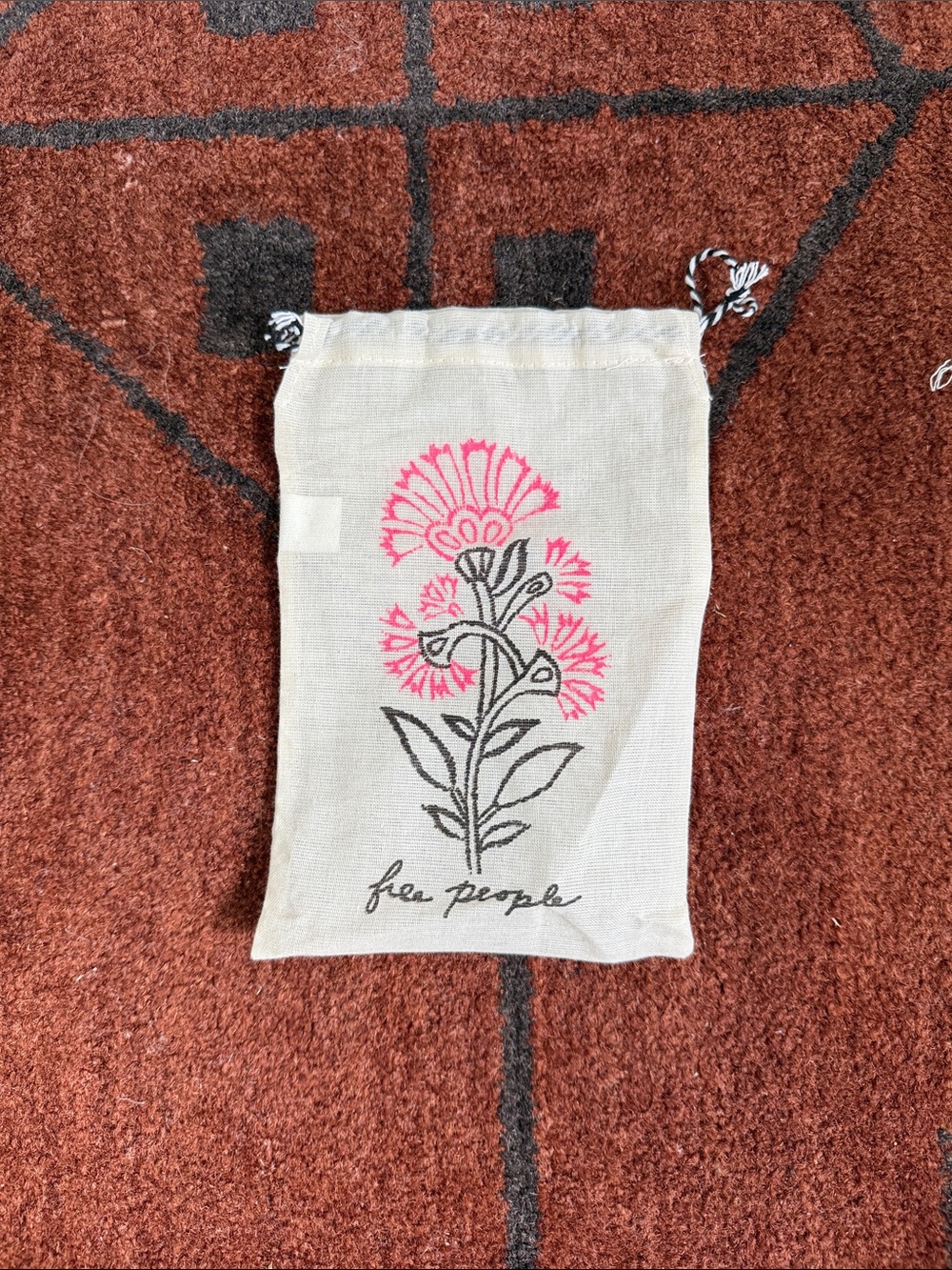 Free People Cream Drawstring Pouch with Pink & Black Floral Print